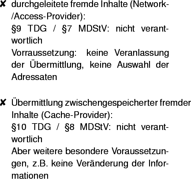 \begin{dinglist}{56}
\item durchgeleitete fremde Inhalte (Network-/Access-Provid...
...sondere Voraussetzungen, z.B. keine Vernderung der
Informationen
\end{dinglist}